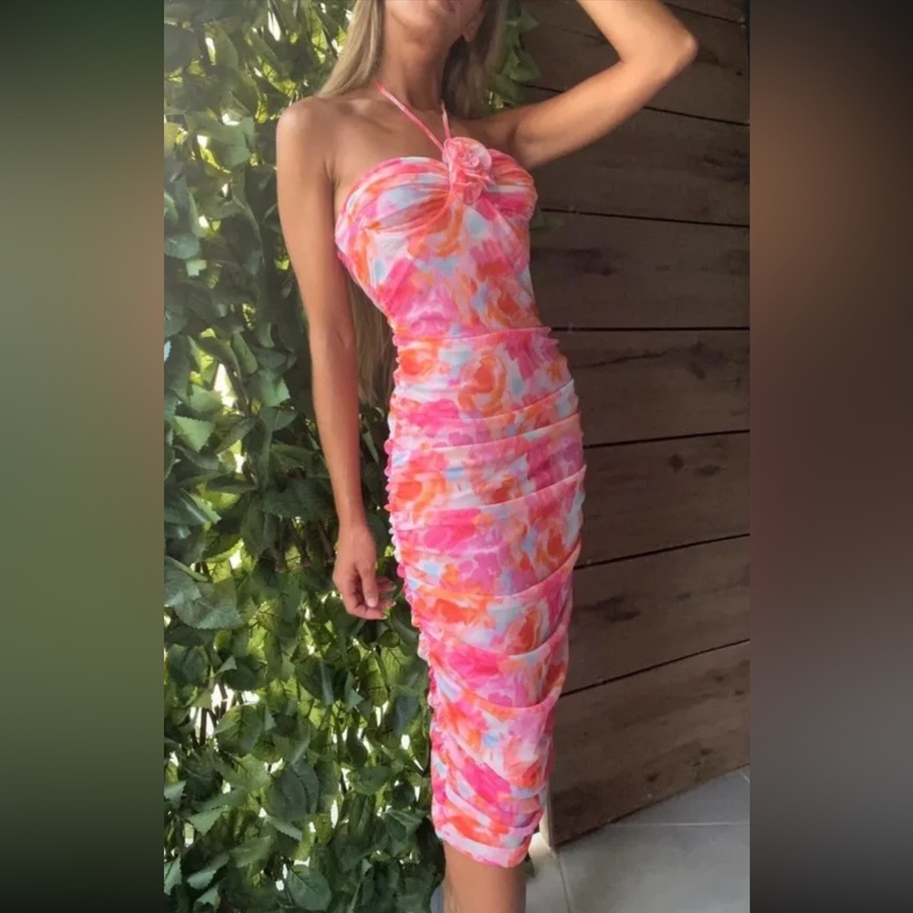 Zara Pink & Blue Watercolor Ruched Midi Dress
